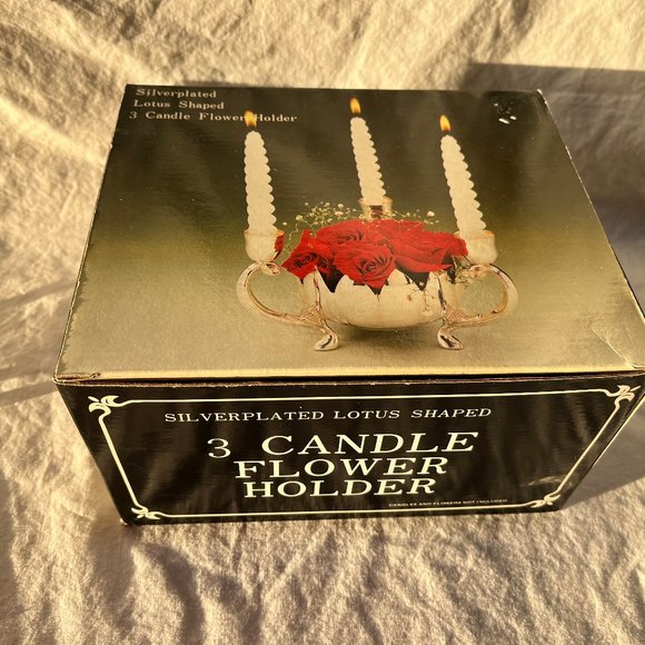 NIB Vintage Silverplated Lotus Shaped 3 Candle Flower Holder - Picture 2 of 9